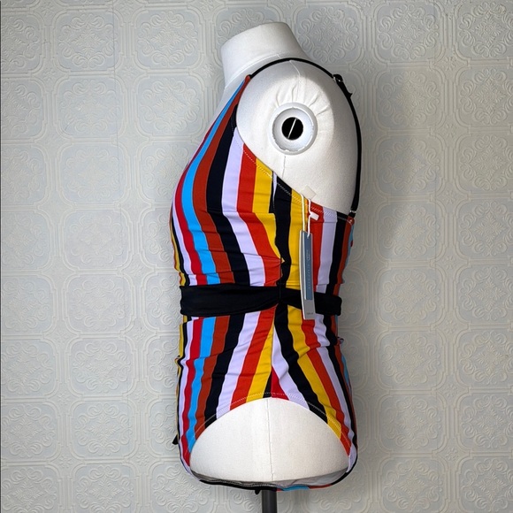 Cupshe | Multi Color Stripe Front Cross One Piece Swimsuit, Black Belt, NWT - Picture 8 of 11